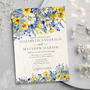 Elegant Dusty Blue Yellow Wildflowers Boho Wedding Invitation