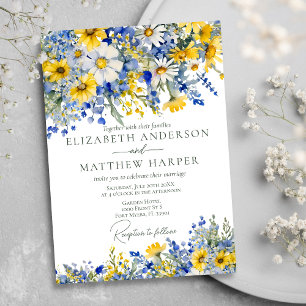 Elegant Dusty Blue Yellow Wildflowers Boho Wedding Invitation