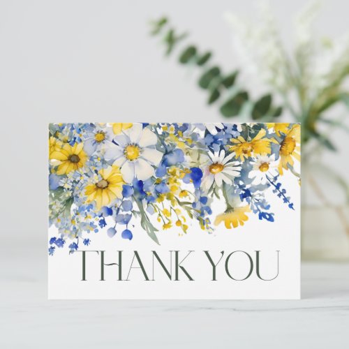 Elegant Dusty Blue Yellow Wildflowers Boho Wedding Thank You Card