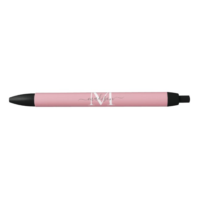 Elegant Dusty Blush Pink Gray Monogram Chic Script Pen (Front)