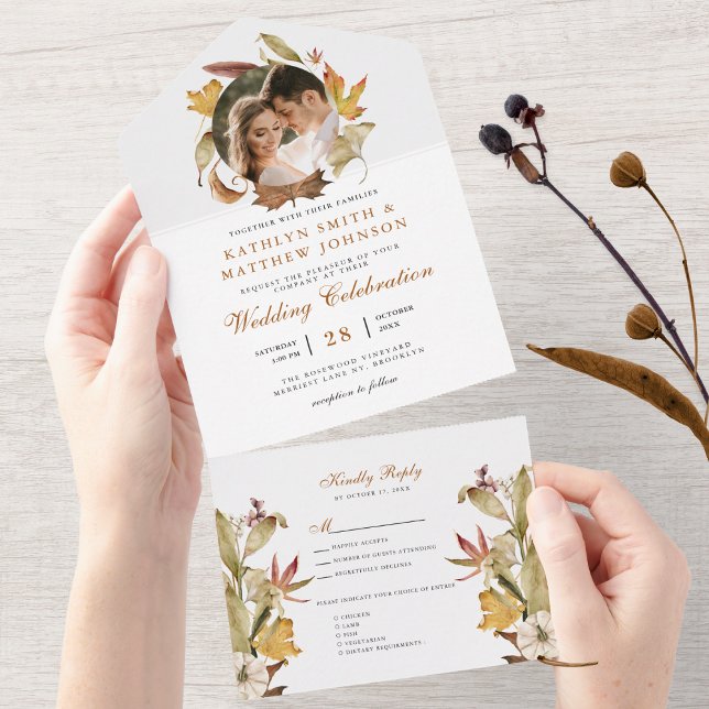 Elegant Dusty Brown Autumn Foliage Fall Wedding All In One Invitation (Creator Uploaded)