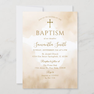 Elegant Dusty Brown Watercolor Gold Cross Baptism Invitation