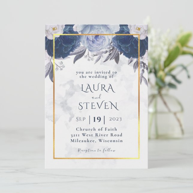Elegant Dusty Gray Blue Floral Wedding Invitation (Standing Front)