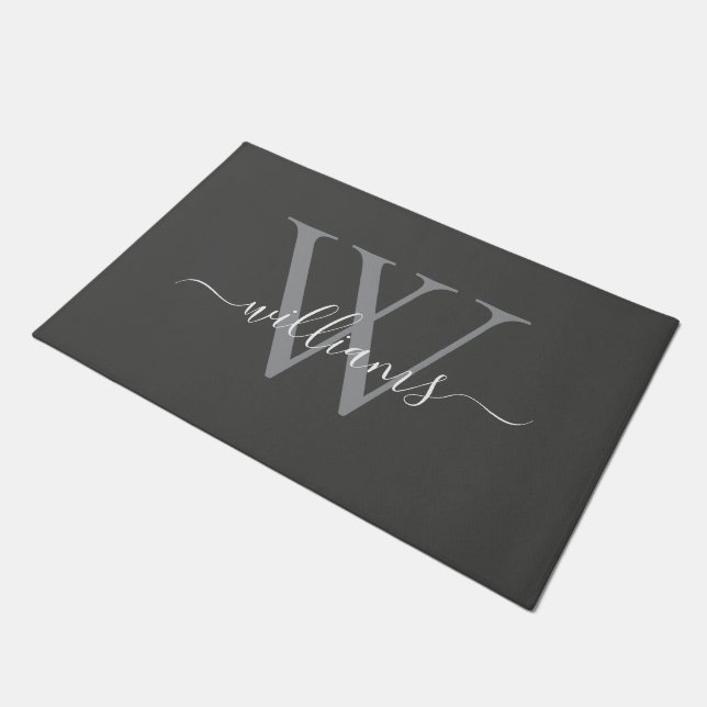 Elegant Dusty Gray Custom Monogram Script Name Doormat (Angled)