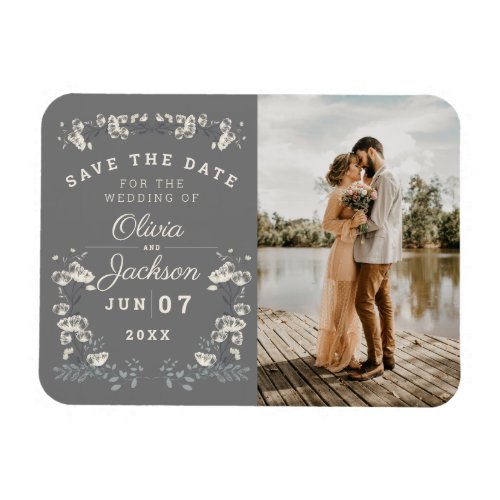 Elegant dusty gray  white floral save the date in magnet