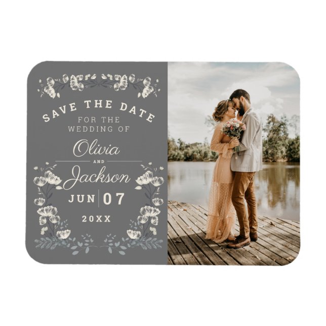 Elegant dusty gray & white floral save the date in magnet (Horizontal)