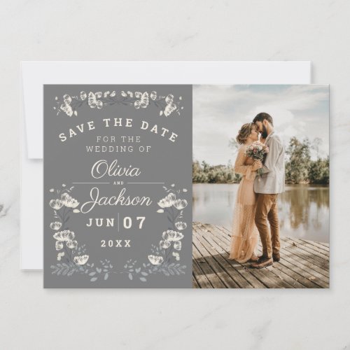 Elegant dusty gray  white floral save the date invitation