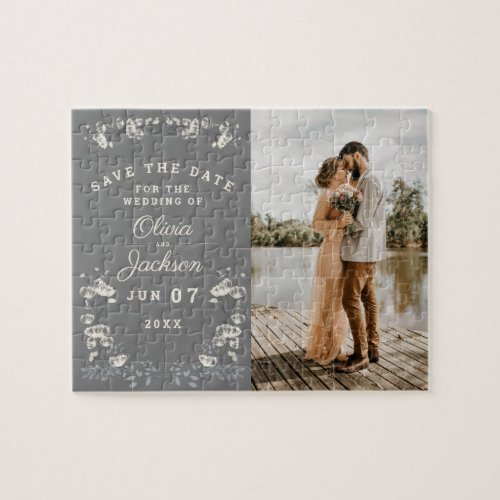 Elegant dusty gray  white floral save the date jigsaw puzzle