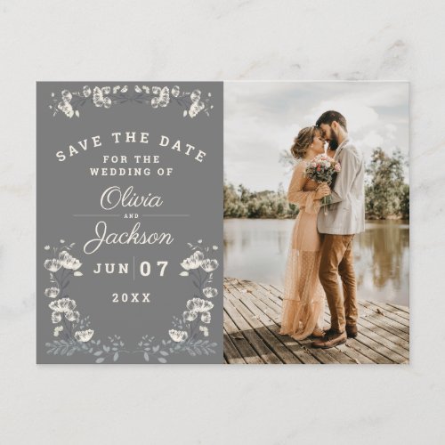 Elegant dusty gray  white floral save the date postcard