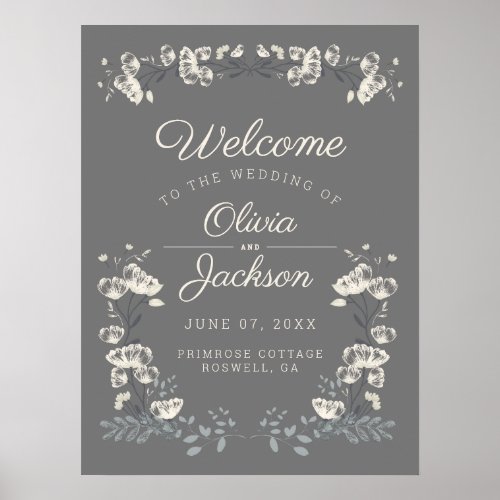 Elegant dusty gray  white floral wedding welcome poster