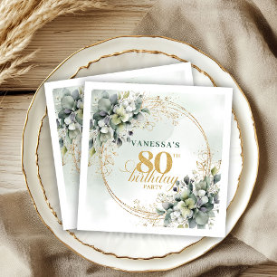 Elegant Dusty Green Gold Eucalyptus 80th Birthday Napkins