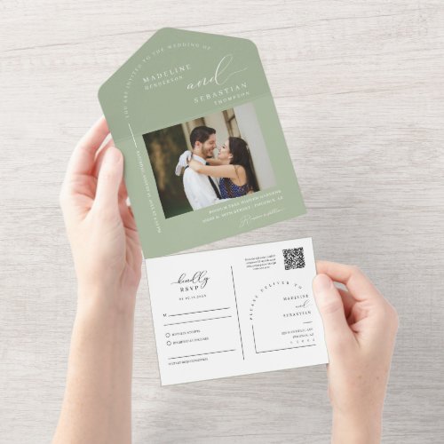 Elegant Dusty Green Minimal Arch QR Code Photo All In One Invitation