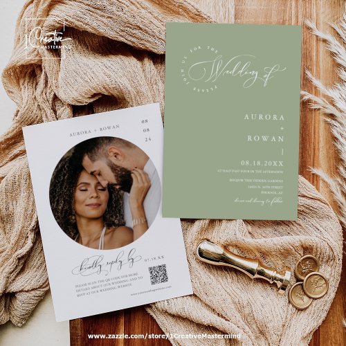 Elegant Dusty Green Minimal Wedding QR Code Photo Invitation