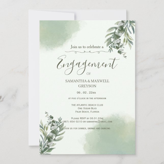 Elegant Dusty Green Script engagement Invitation (Front)