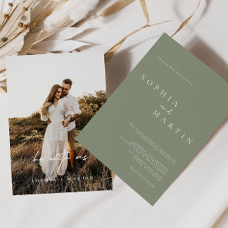 Elegant Dusty Green Script Photo Classic Wedding Invitation