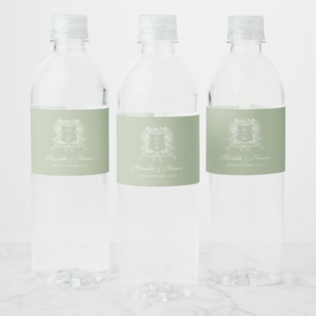 Elegant Dusty Green Vintage Crest Line Art Wedding Water Bottle Label (Bottles)
