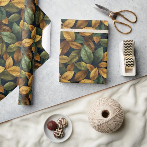 Elegant dusty green yellow orange fall leaves wrapping paper