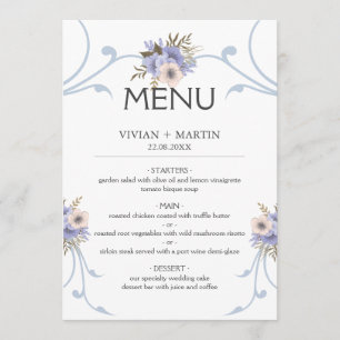 Elegant dusty light blue and purple wedding menu