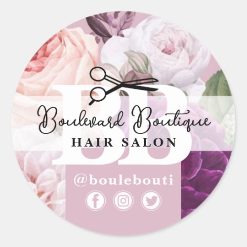 Elegant Dusty Mauve Floral Hair Salon Stylist Classic Round Sticker