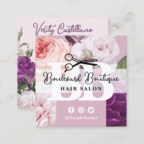 Elegant Dusty Mauve Floral Hair Salon Stylist QR Square Business Card