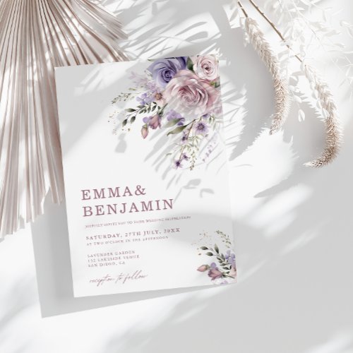 Elegant Dusty Mauve  Lavender Wedding Floral Invitation