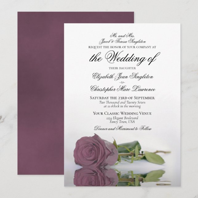 Elegant Dusty Mauve Pink Rose Formal Wedding Invitation (Front/Back)