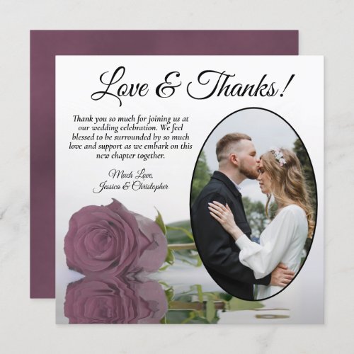 Elegant Dusty Mauve Pink Rose Oval Photo Wedding Thank You Card