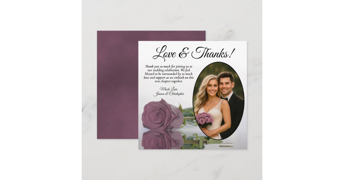 Elegant Dusty Mauve Pink Rose Oval Photo Wedding Thank You Card | Zazzle