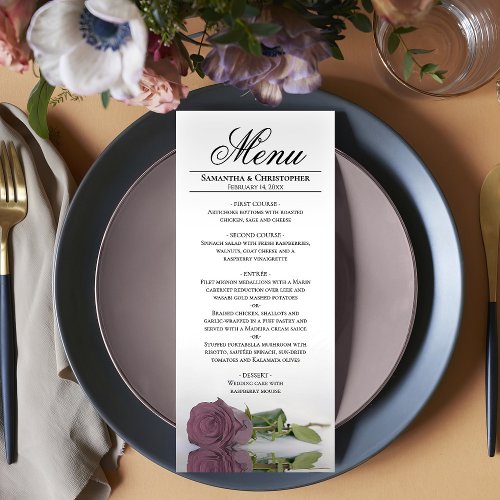 Elegant Dusty Mauve Pink Rose Reflections Wedding Menu