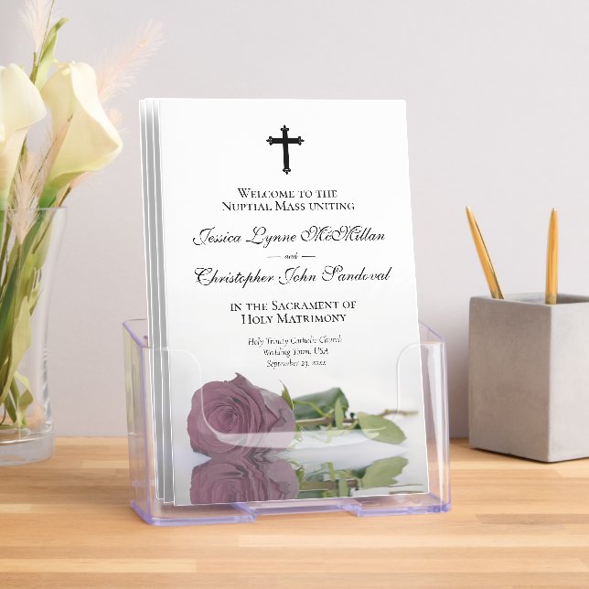 Elegant Dusty Mauve Rose Catholic Wedding Program Brochure (Insitu)