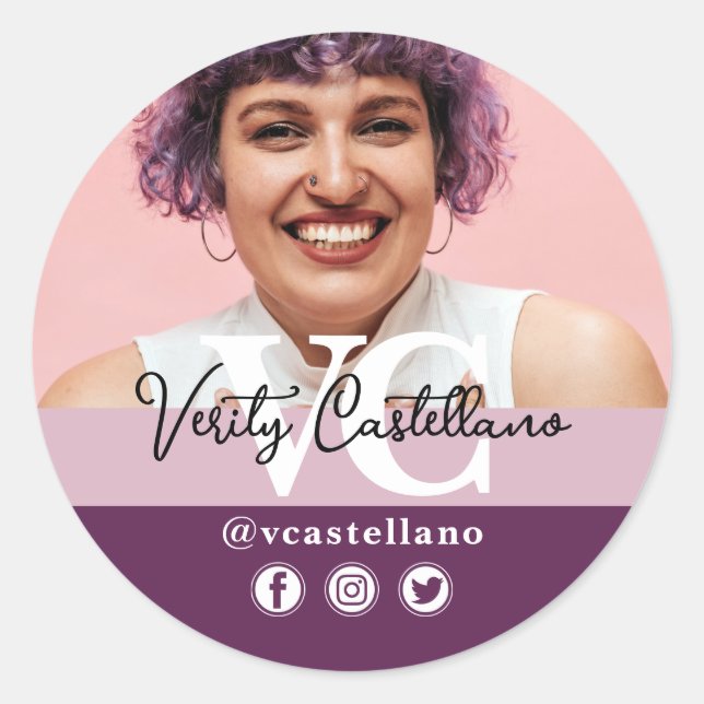 Elegant Dusty Mauve Script Name & Custom Photo Classic Round Sticker (Front)