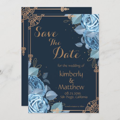  Elegant  Dusty Navy Blue Floral Gold Wedding Invitation