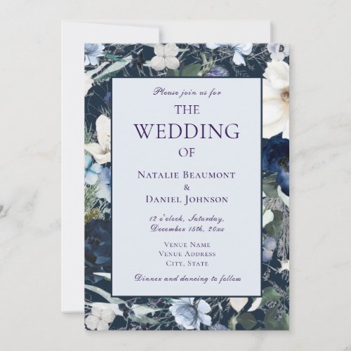 Elegant Dusty  Navy Blue Floral Wedding Invitation