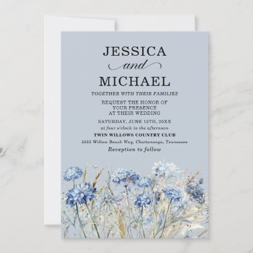 Elegant Dusty Navy Blue Floral Wedding  Invitation