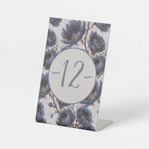 Elegant dusty navy blue flower table number pedestal sign