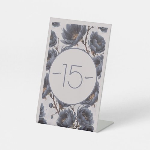 Elegant dusty navy blue flower table number pedestal sign