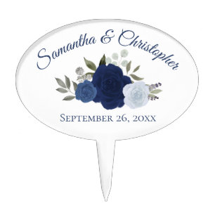Elegant Dusty Navy Blue Watercolor Floral Wedding Cake Topper