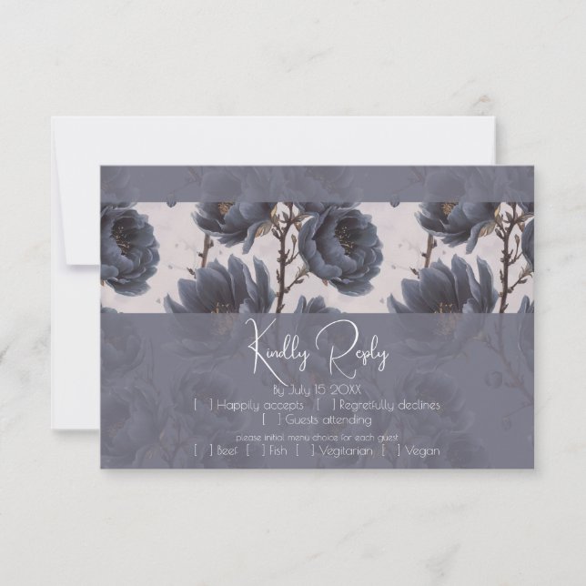 Elegant Dusty Navy Blue wedding Floral RSVP Card (Front)