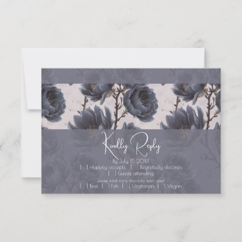 Elegant Dusty Navy Blue wedding Floral RSVP Card