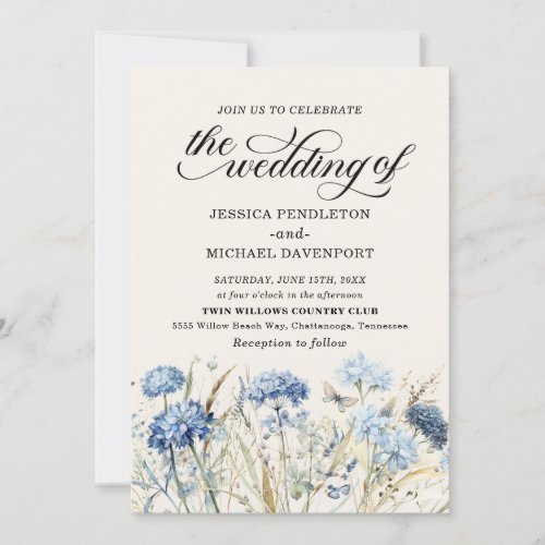 Elegant Dusty Navy Blue Wildflowers Wedding  Invitation