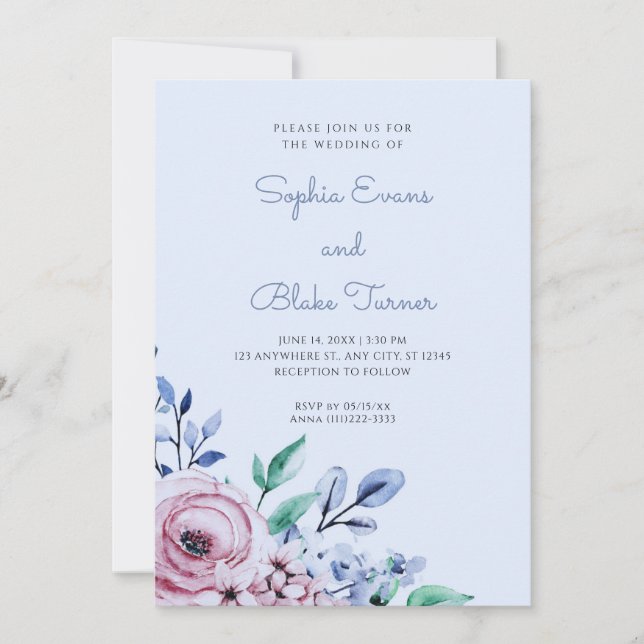 Elegant Dusty Pink and Blue Floral Blue Wedding Invitation (Front)