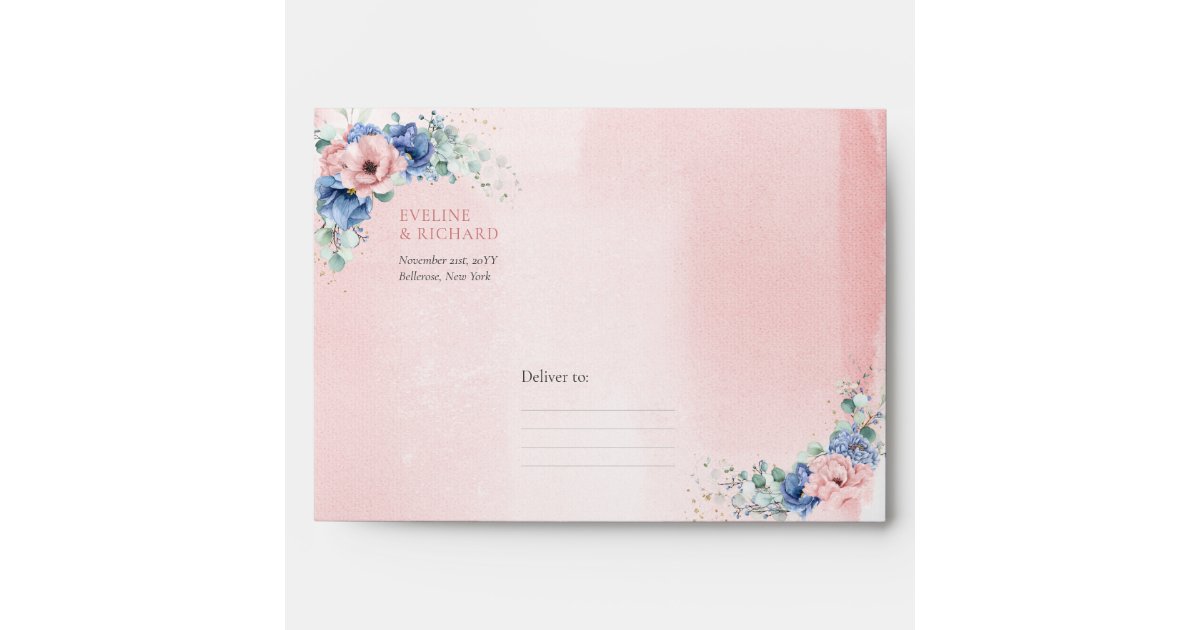 Elegant Dusty pink and blue floral Gold frame Envelope | Zazzle