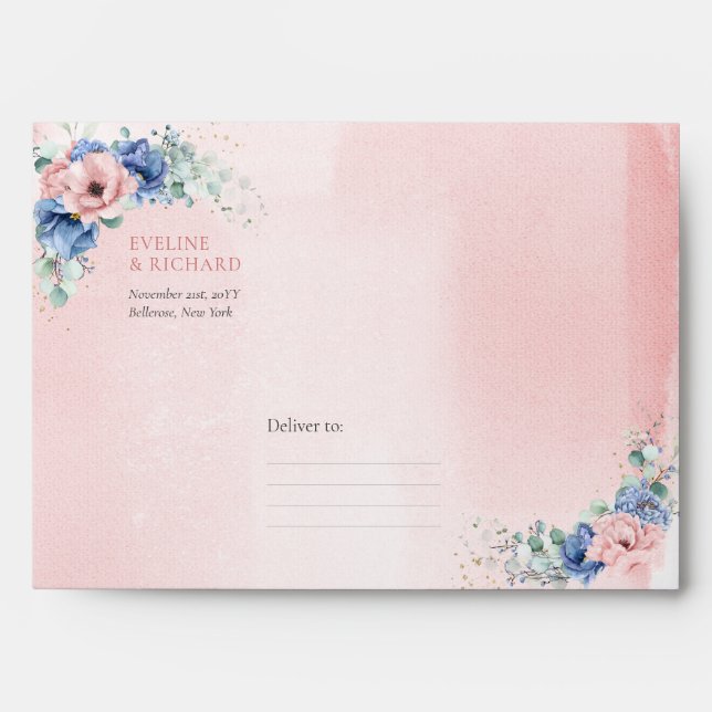 Elegant  Dusty pink and blue floral Gold frame Envelope (Front)