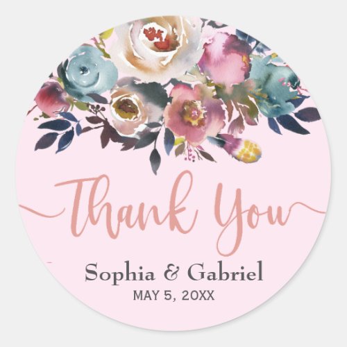 Elegant Dusty Pink Blue Floral Wedding Thank You Classic Round Sticker