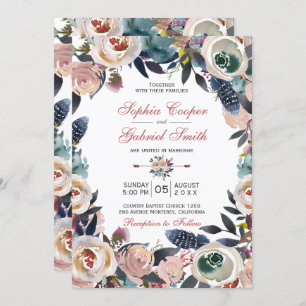 Elegant Dusty Pink Blue Floral Wreath Wedding Invitation