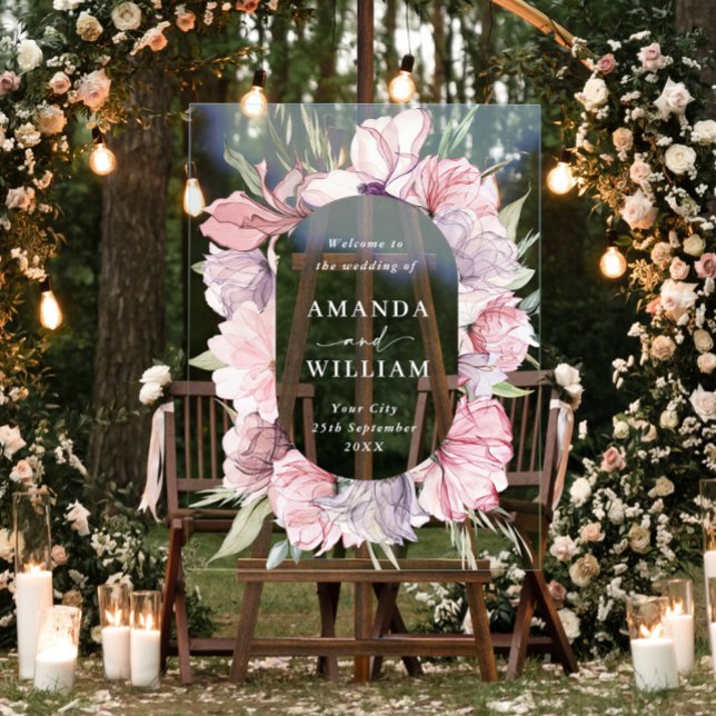 Elegant Dusty Pink Boho Flowers WEDDING Welcome Acrylic Sign (Creator Uploaded)
