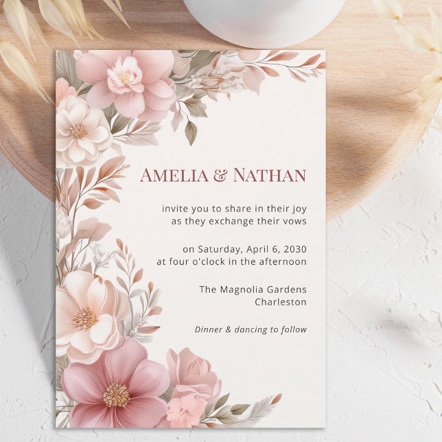 Elegant Dusty Pink Cream Magnolia Floral Wedding Invitation (Creator Uploaded)