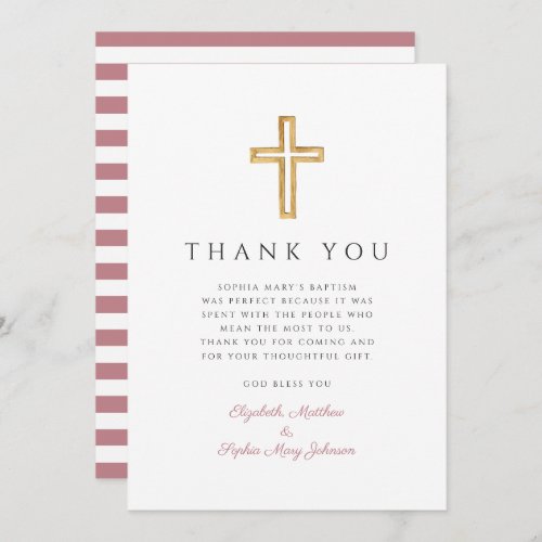 Elegant Dusty Pink Cross Girl Baptism Thank You Card