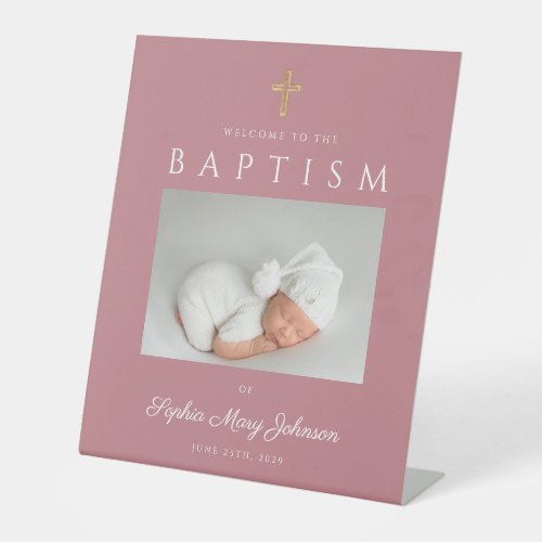 Elegant Dusty Pink Cross Photo Boy Baptism Welcome Pedestal Sign