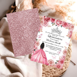 Elegant Dusty Pink Floral Butterfly Quinceanera Invitation